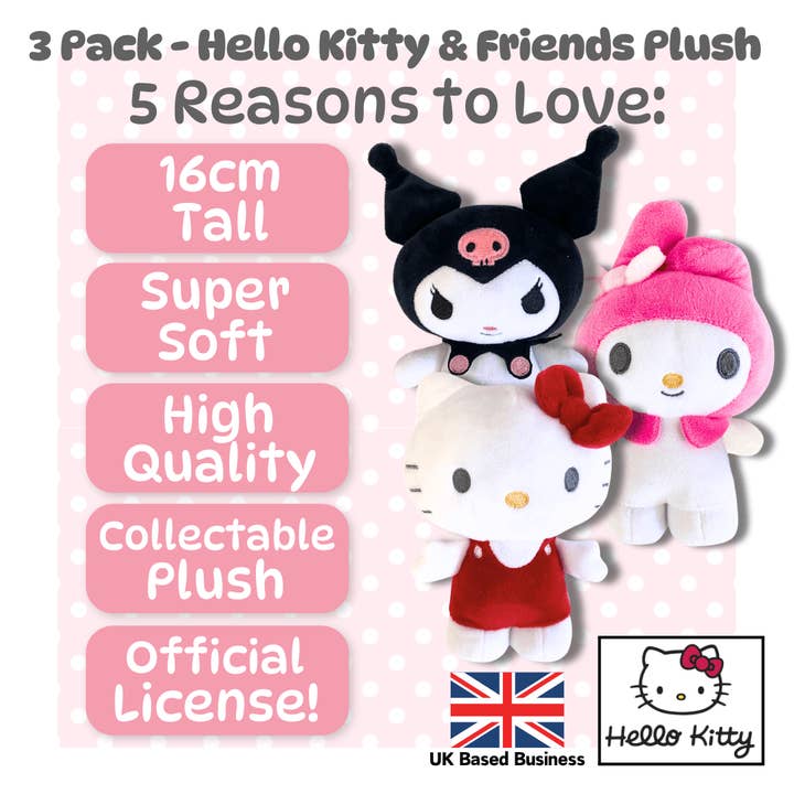Baby Republic – Engroshandel Plyslegetøj - Børn og baby – Hello Kitty Gavesæt 16 CM Stående Hello Kitty, Kuromi & Melody1