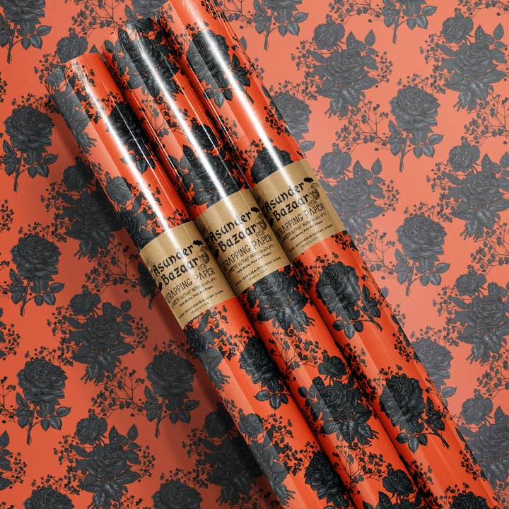 Gothic Halloween Roses Wrapping Paper Set 3 Sheet Roll for wholesale by Asunder Bazaar