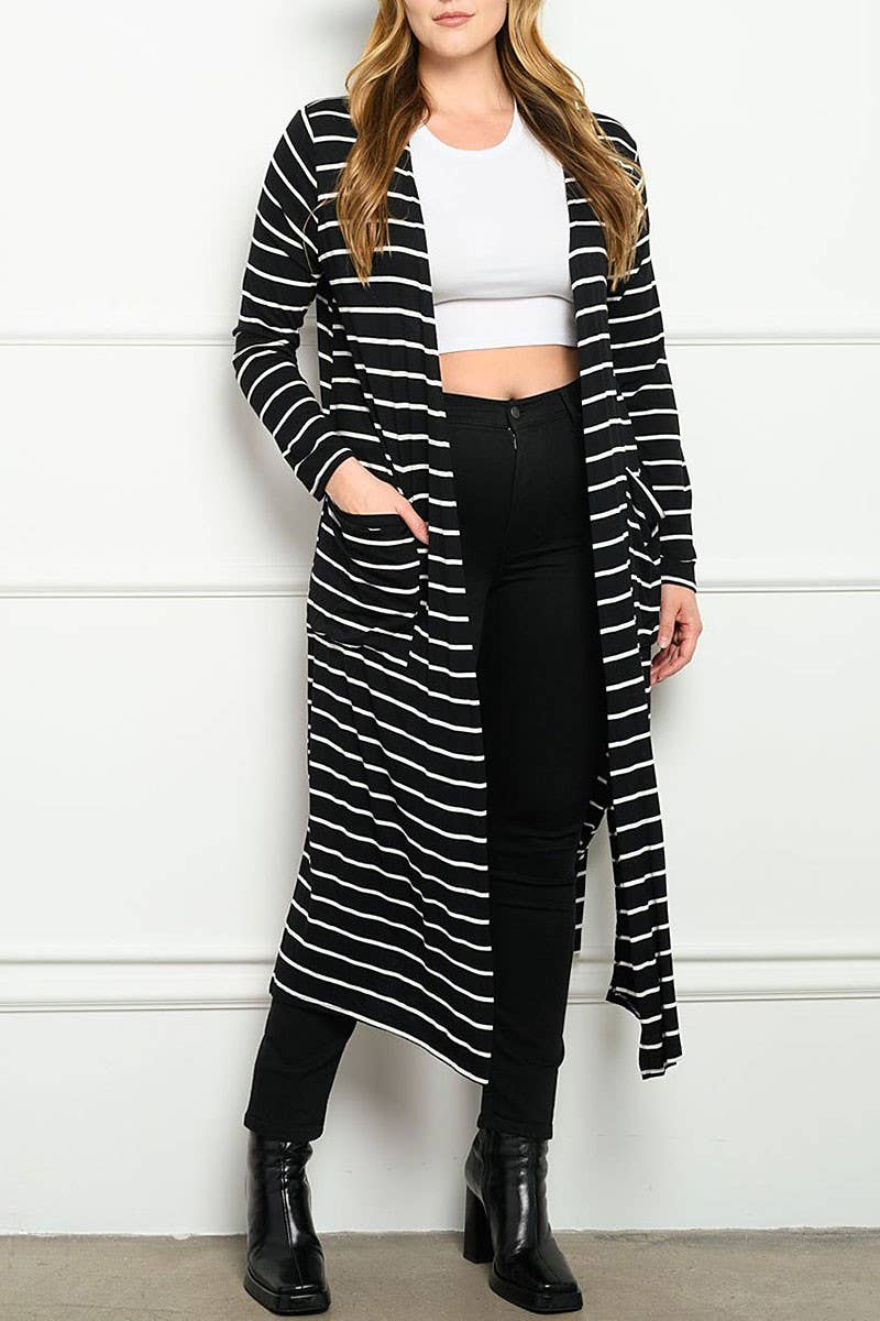 ROUSSEAU – wholesale Cardigan – Women’s – STRIPES WITH POCKETS LONG SLEEVE CARDIGAN2