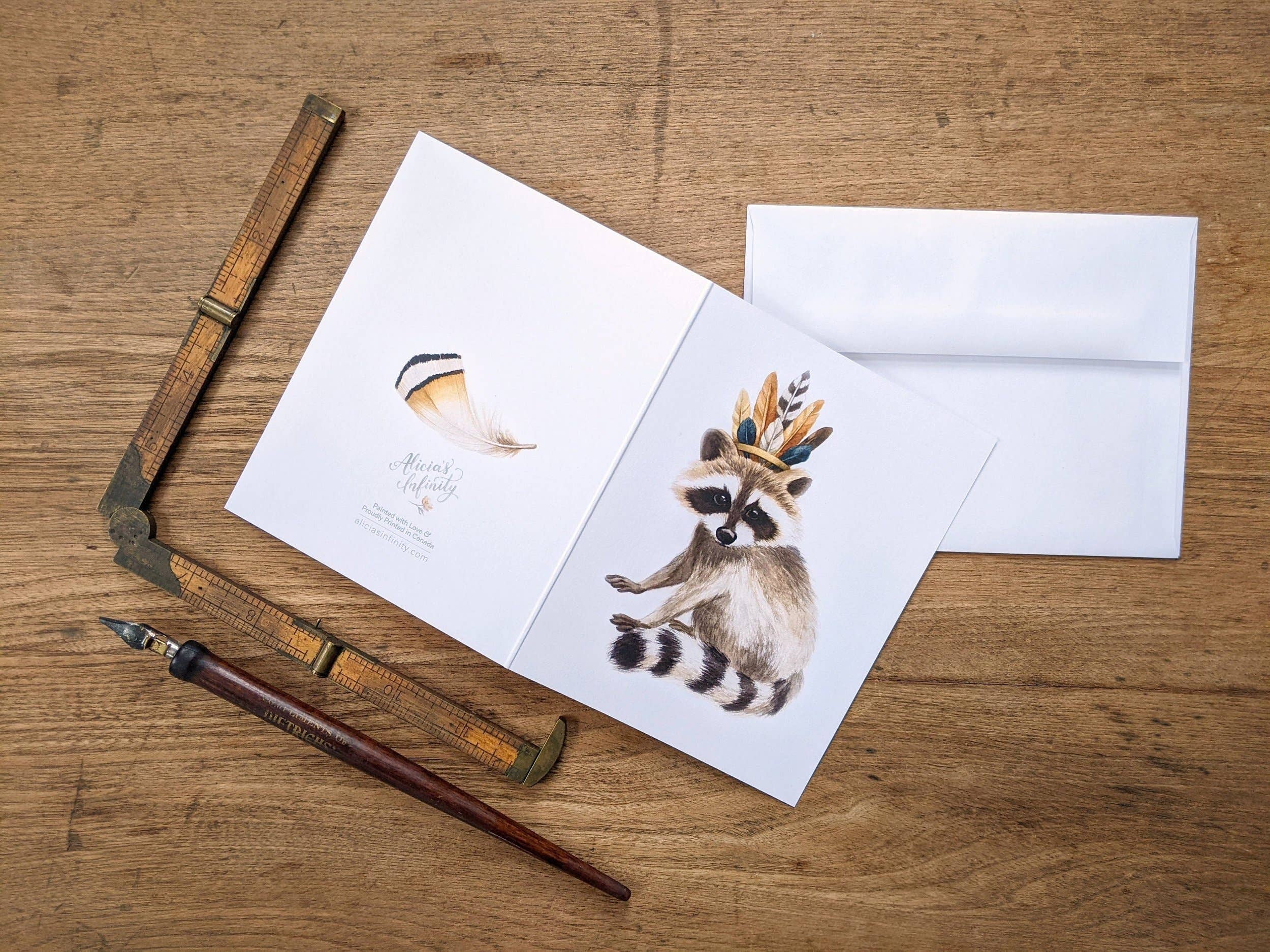 ALICIA'S INFINITY - Wholesale Everyday Greeting Card - Raccoon With Feather Crown Notecard2