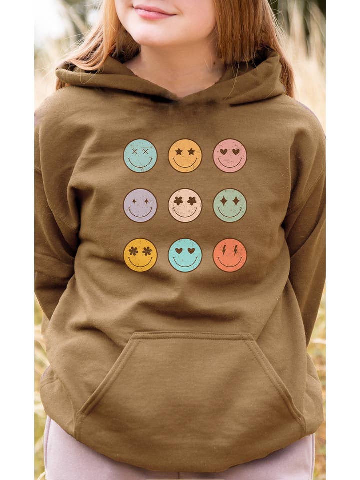 Kids By Kissed Apparel – wholesale Hoodie - Barn – Pastell Smiley Faces Grid Grafisk Huvtröja för barn