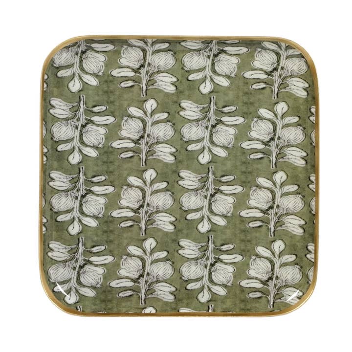 Enamelled metal tray Alhambra olive 16x16, golden border for wholesale by Maison Lilo