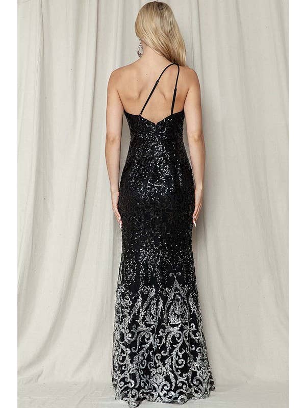 Maniju - Wholesale Gown - Women's - One Shoulder Sequin Ombre Slit Maxi Dress