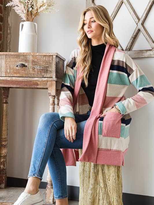 Farveblok Stribet Sjalscardigan PLUS for engroshandel hos Steals & Deals