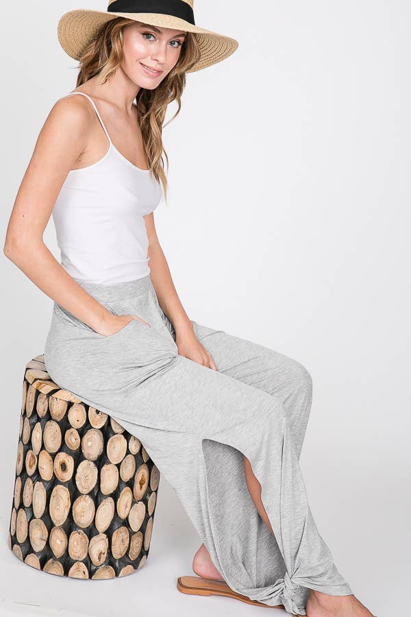 7th Ray - Wholesale Pants - Women's - Solid Elastic Waist Side Slit Ankle Tie Pants P146211