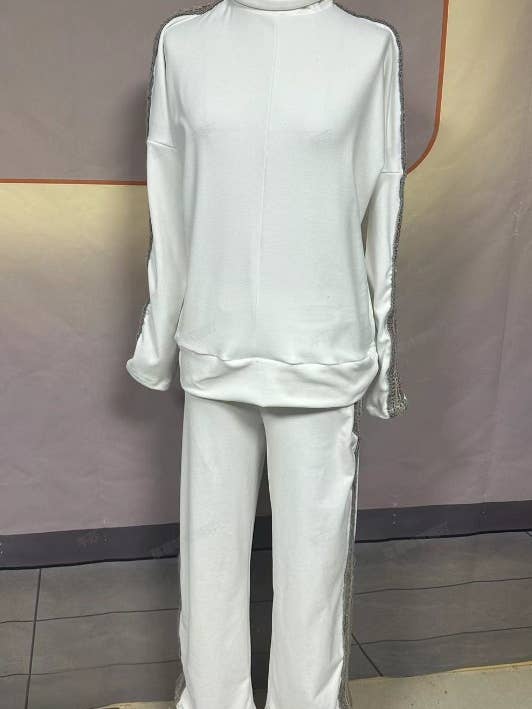 white Sequin detail knit sleeve patchwork Turtleneck 2 piece set for wholesale on Faire