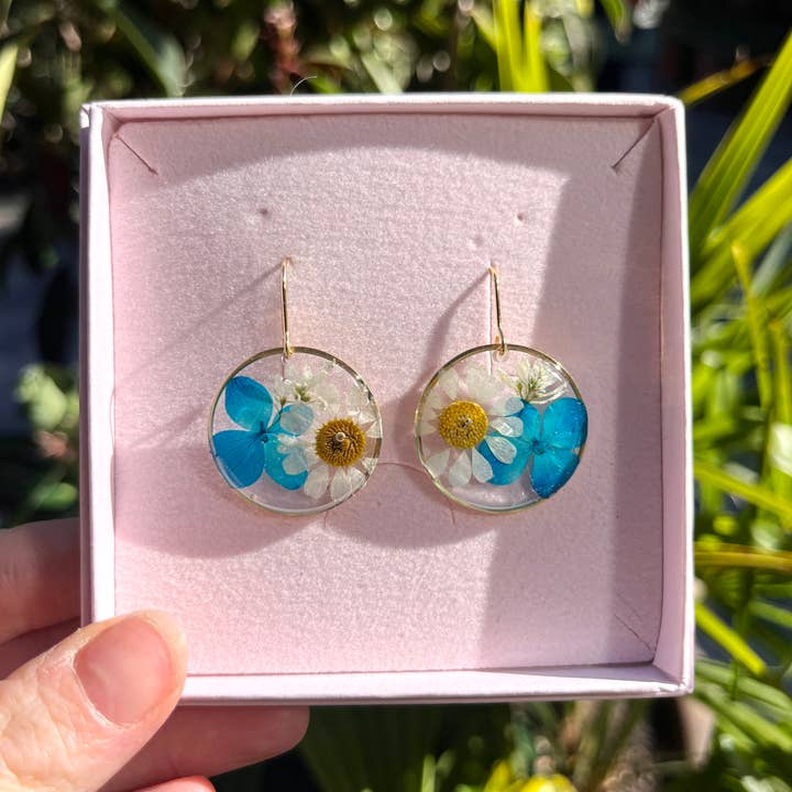 Blue Hydrangea Daisy Earrings for wholesale by Rose & Bramley