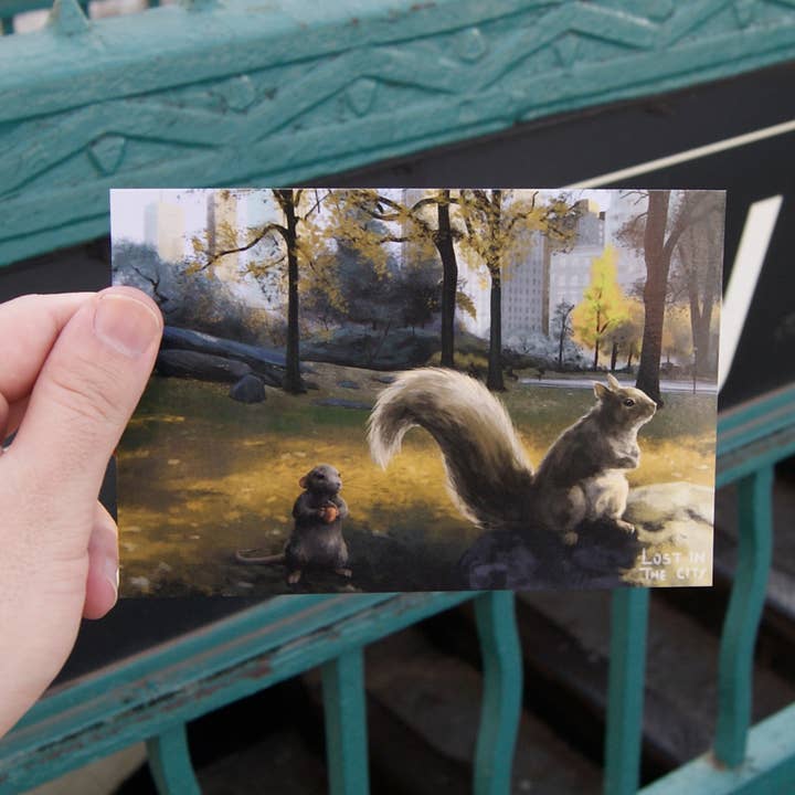 Tarjeta postal de Ardilla y Rata de Central Park | Perdidos en la ciudad para venta al por mayor de Santi of all Trades