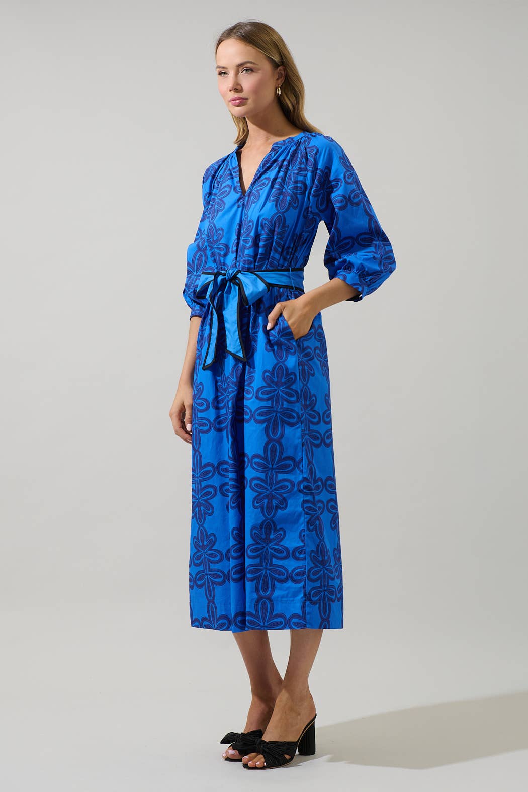 BLÅ-MARIN-MUL Romery Abstrakt Terie V-ringad Midiklänning för wholesale på Faire3