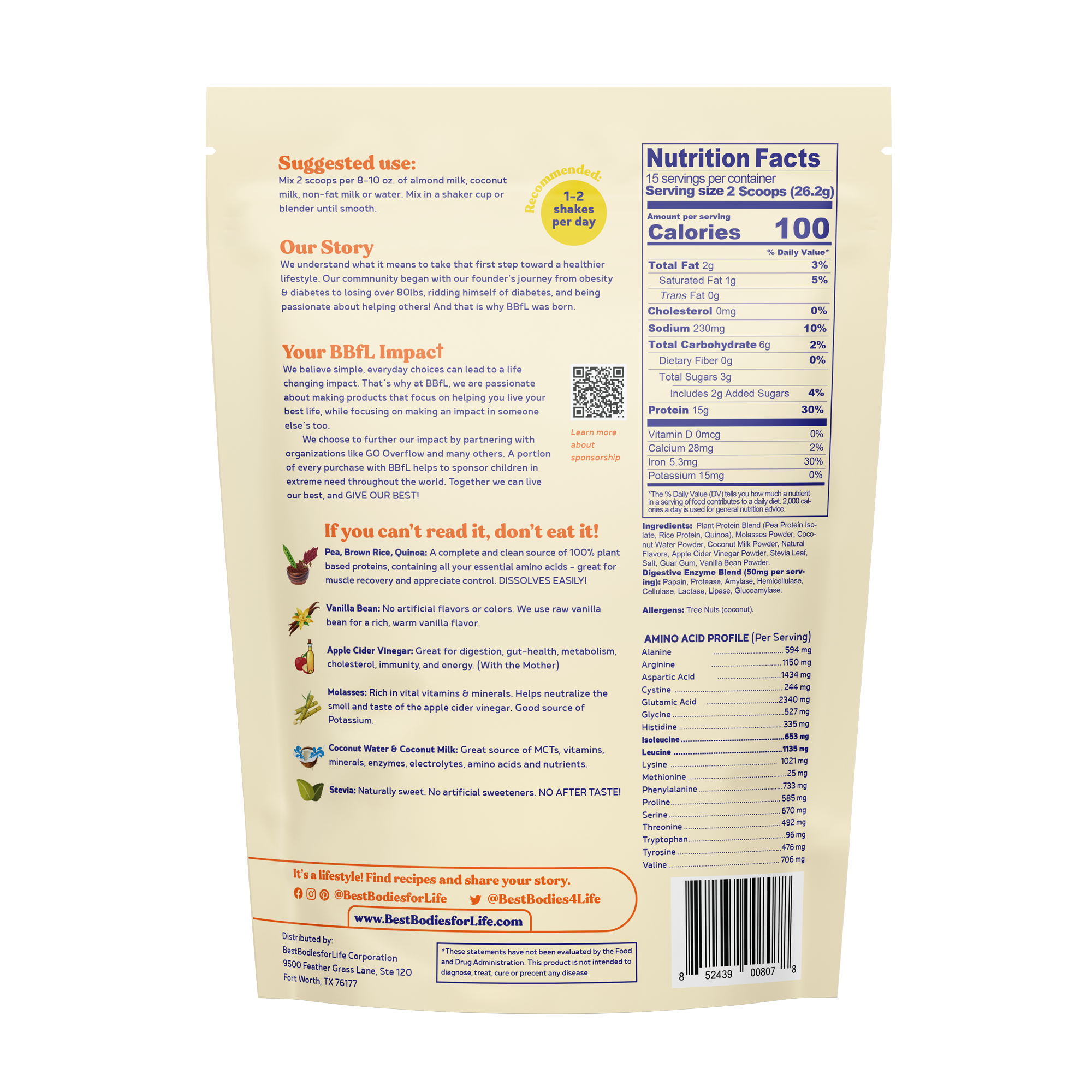 BestBodiesforLife Corp. – wholesale Protein-/superfoodpulver – 100% växtbaserad vanilj grädde Shake1