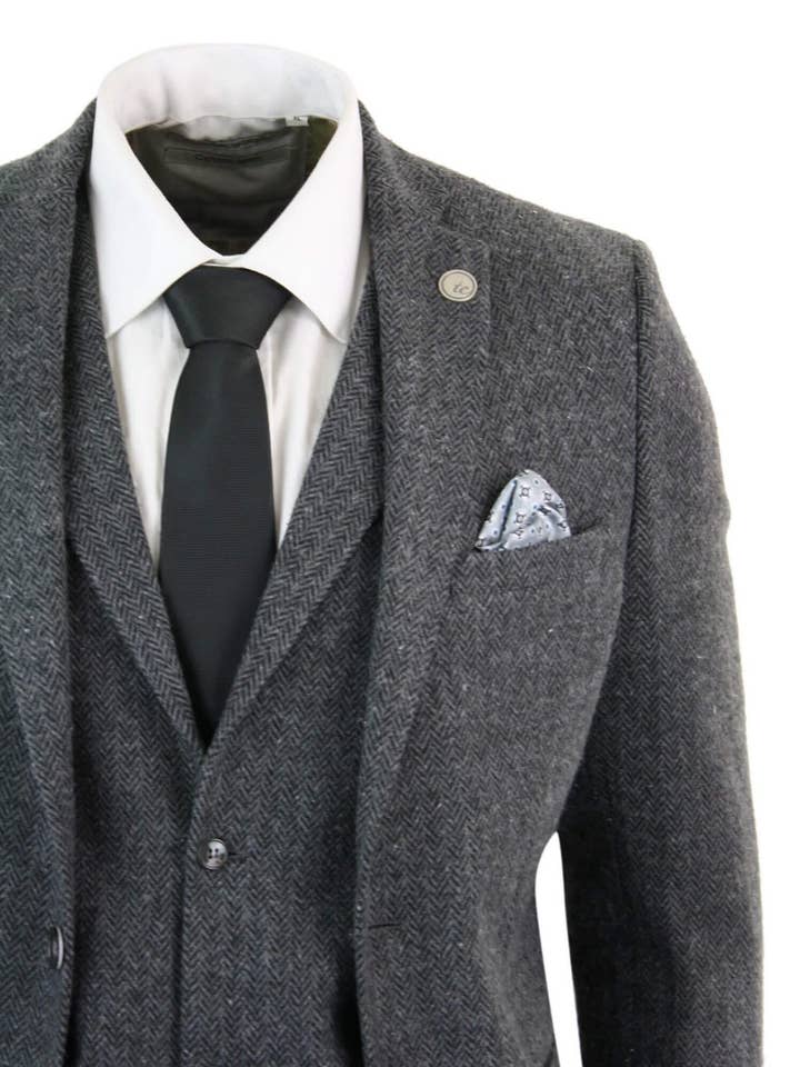 Men's 3 Piece Charcoal Grey Herringbone Tweed Suit for wholesale on Faire