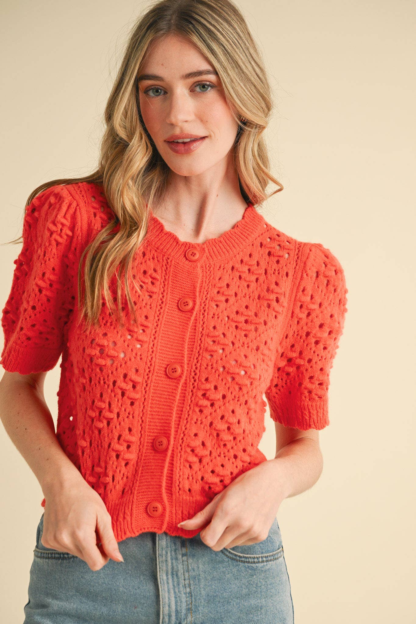 &MERCI - Wholesale Cardigan - Women's - CROPPED POINTELLE BUTTON DOWN SWEATER CARDIGAN MSW1085717