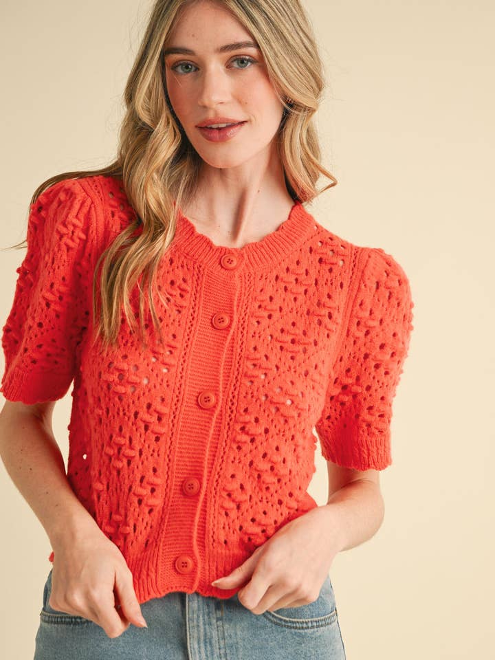 &MERCI - Wholesale Cardigan - Women's - CROPPED POINTELLE BUTTON DOWN SWEATER CARDIGAN MSW1085717