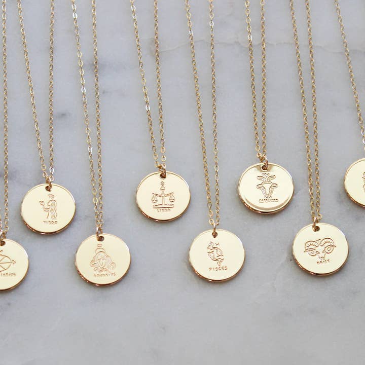 Laalee Jewelry – wholesale Pendant/charm necklace – Gold Zodiac Necklace, Zodiac Jewelry Celestial Coin Necklace