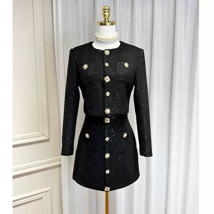 SET230Y Sequin Tweed Set – Pearl Button Jacket & Skirt for wholesale by Productseeker