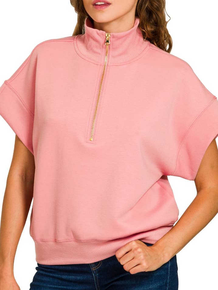 Scuba High Neck Half Zip Short Sleeve Pullover for wholesale by Vanilla Monkey