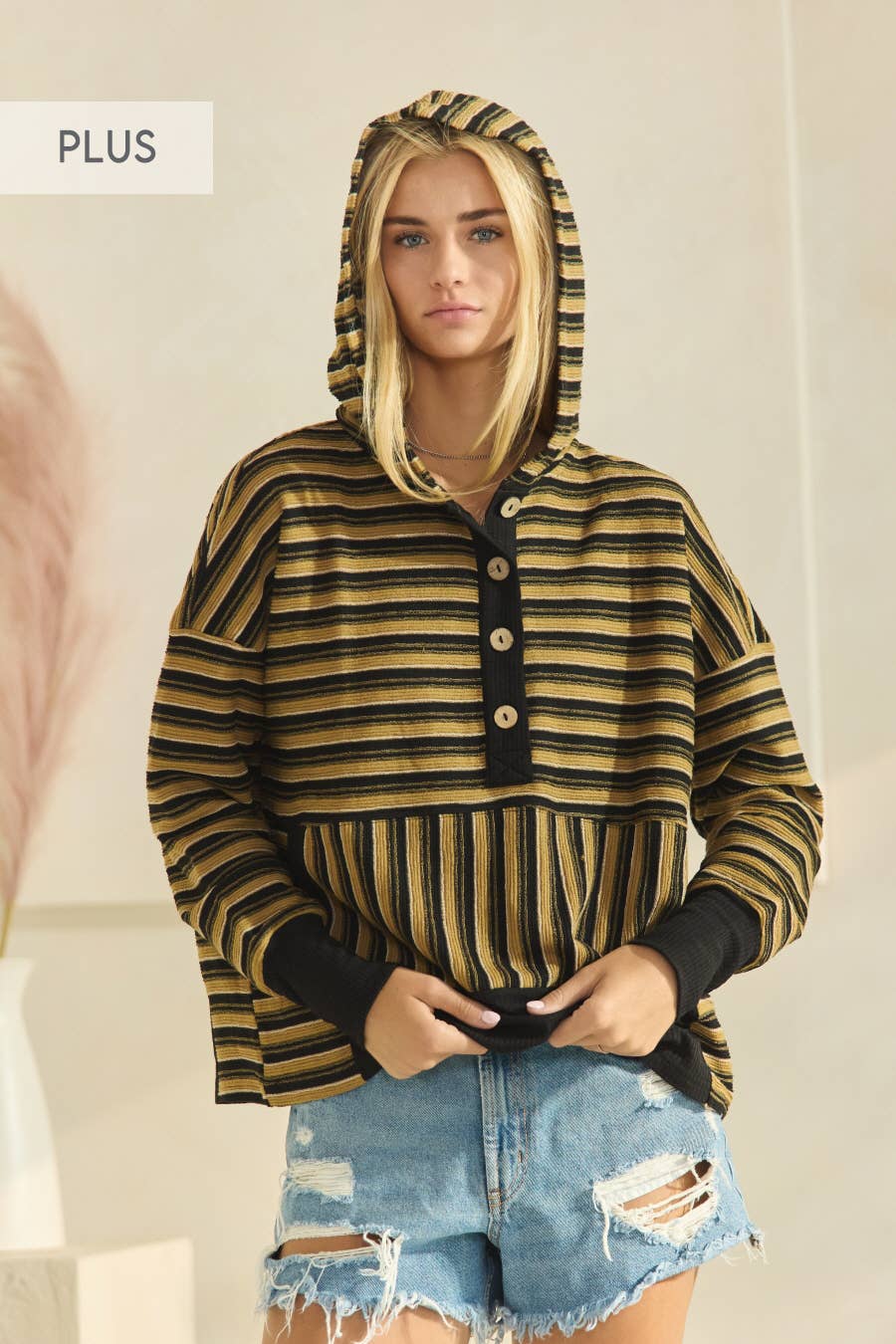 Oddi - Wholesale Hoodie - Women's - Plus Textured Striped Jacquard Hooded Sweatshirt 5