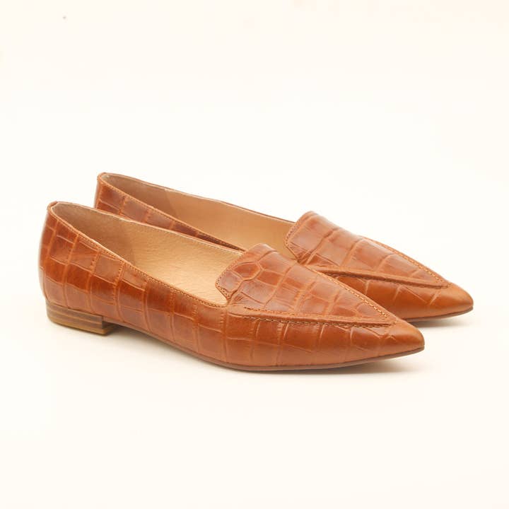 Poplar Pointed Flat - Tan Croc for wholesale by Millwoods Shoes