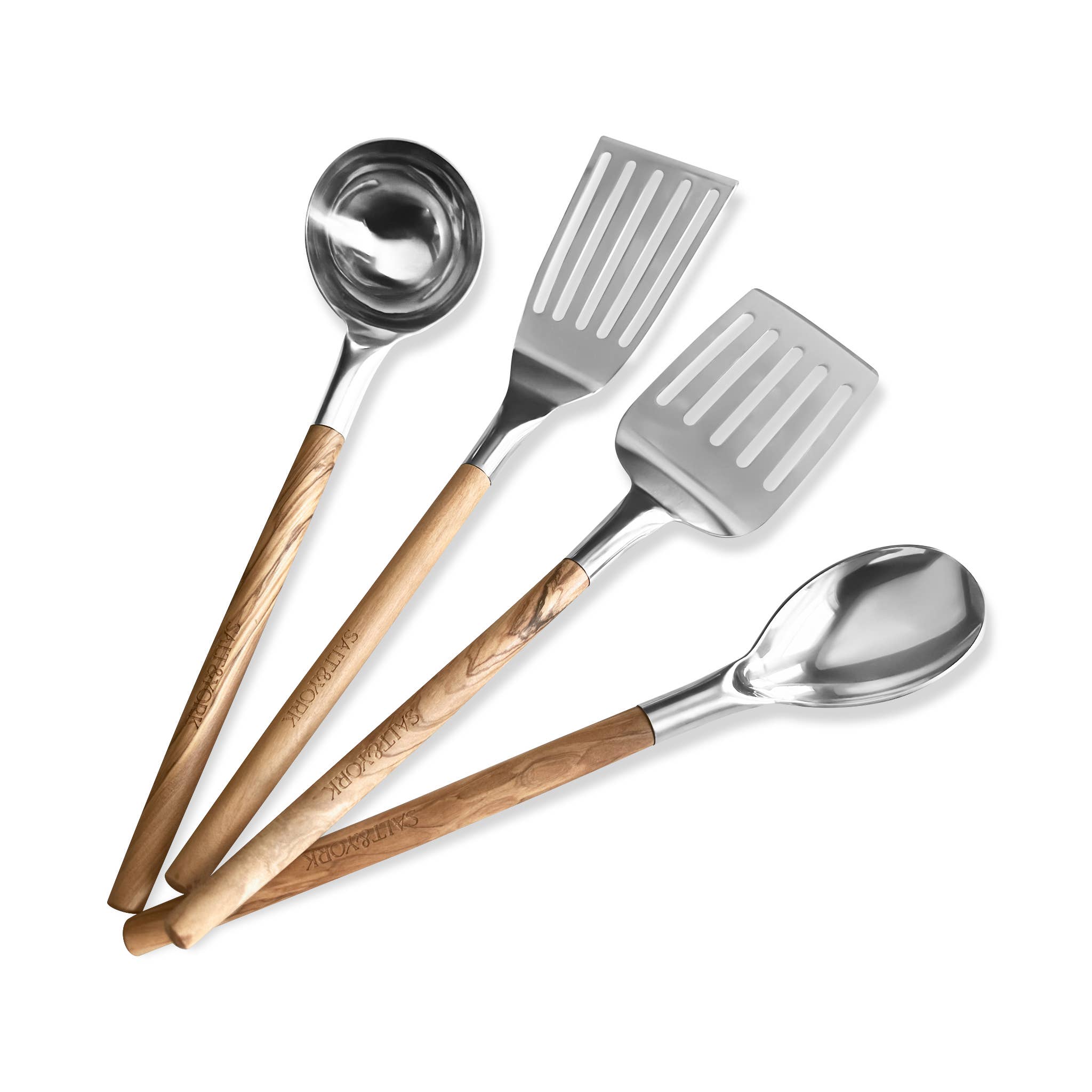 Salt & York - Wholesale Kitchen Utensil Set - 4 Piece Olive Wood or Walnut Wood Handle Utensil Set with St10