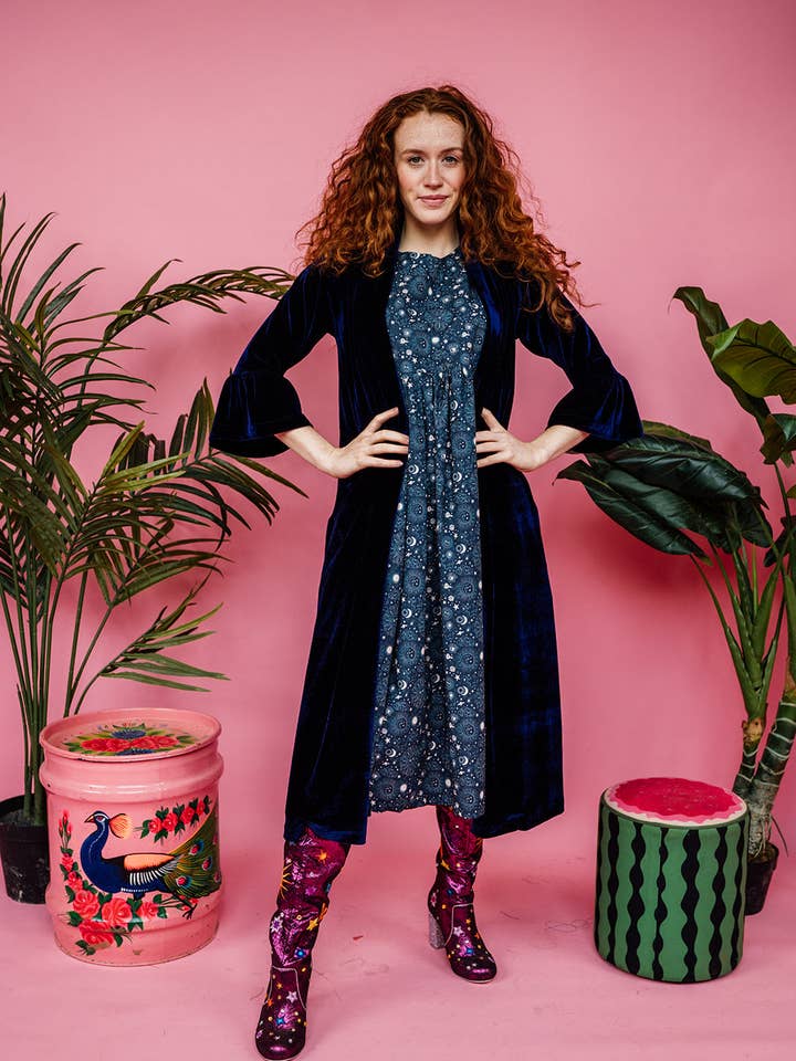 Velvet Ruffle Maxi Cardigan in Midnight for wholesale by Megan Crook Textiles