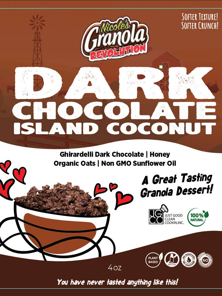 Økologisk ikke-mejerifri mørk chokolade Island Coconut Granola for engroshandel hos Nicole' s Granola Revolution