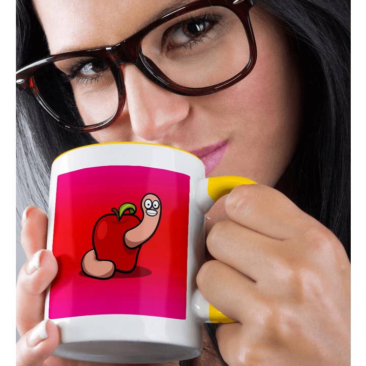 3dRose - Wholesale Coffee mug - 3dRose, Apple with Worm Cartoon with Pink and Red Background, Mug1