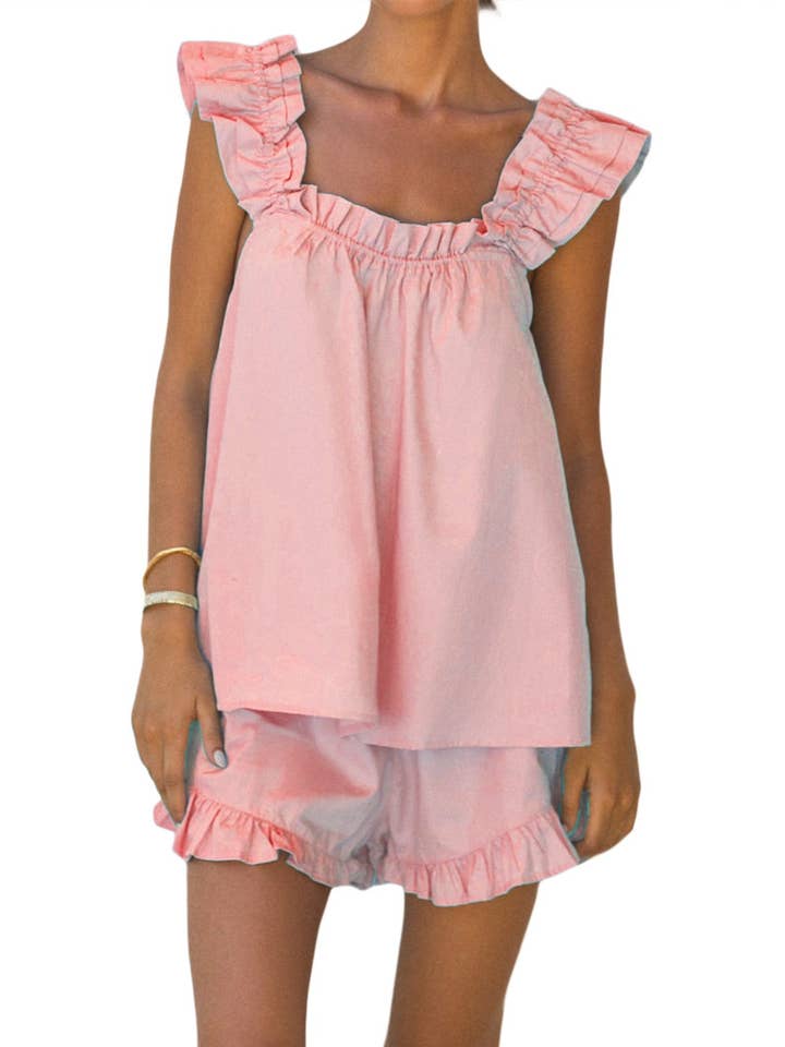 Rosa Clothing - Wholesale Lounge Set - Women's - Ruffle Trim Tank Top And Shorts Pajama Set1