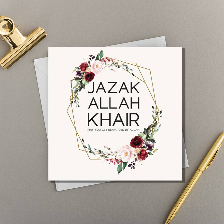 Eastern Print Studio - Wholesale Thank You Card - x6 Jazak Allah Khair Painted Roses Gold Line Work0