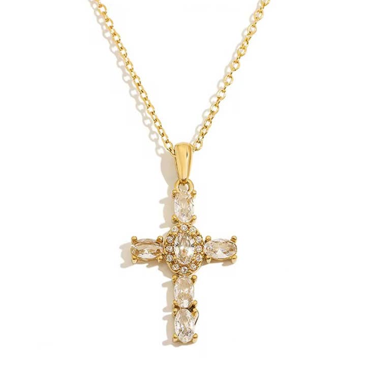 Cross Oval CZ Necklace Waterproof  for wholesale by Savvy Bling