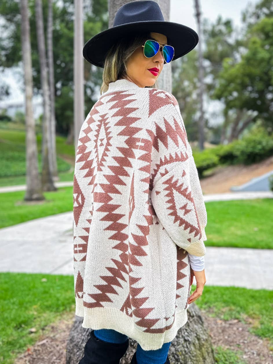 Brown Open Front Aztec Printed Knitted Cardigan for wholesale on Faire5