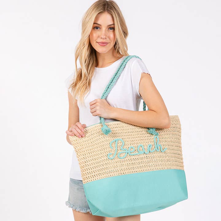 BEACH Message Embroidered Rope Handle Crochet Tote Bag for wholesale by Sensibling Corp.