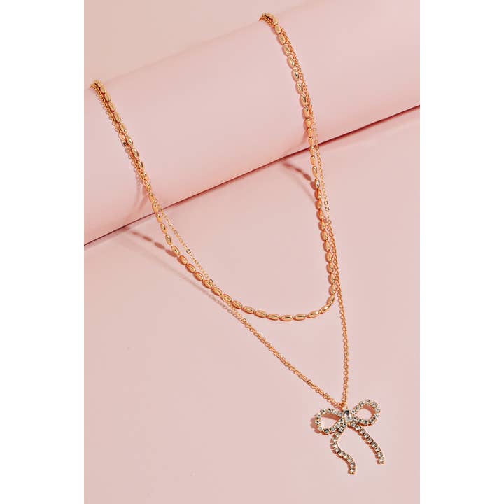 Pave Ribbon Bow Pendant Layered Necklace Set for wholesale by The Looks by Fame Accessories