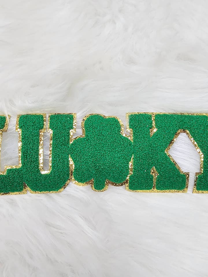Large Green LUCKY Shamrock Clover Chenille Iron-on Patch for wholesale by Scratch Decor