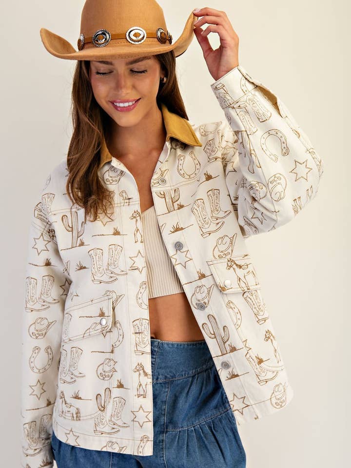 ALMOND LATTE PL8682 - MINERAL WASHED WESTERN GRAPHIC JACKET for wholesale on Faire0