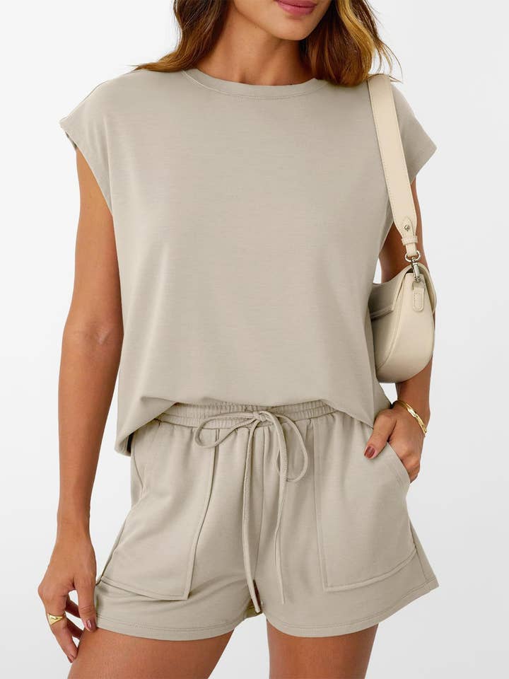 Casual Lounge Set Cap Sleeve Top Drawstring Shorts for wholesale by Suhkasana