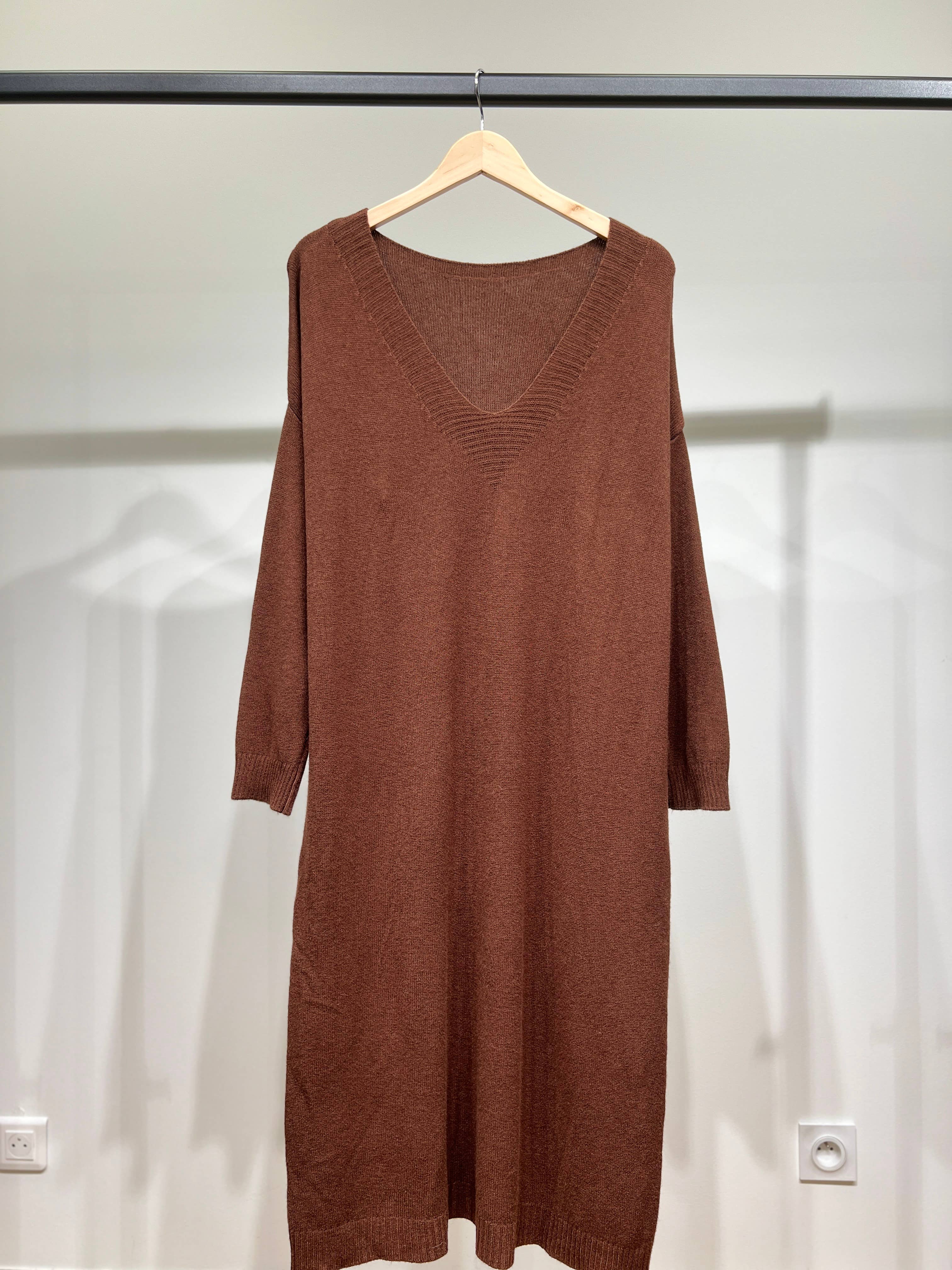L'Emotion - Vente Robe – femme - Robe Pull Maille Fine Bord-Côtes Côtelé Col V4