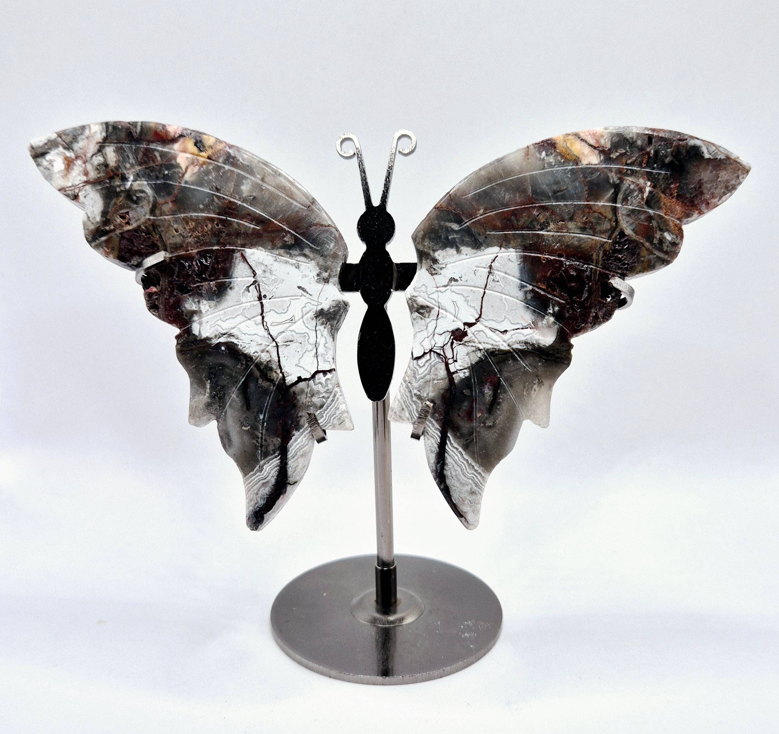 Moonlight Gemstones - Wholesale Tafelbladdecoratie - Mexican Agate Butterfly Crystal Carving with Metal Stand2