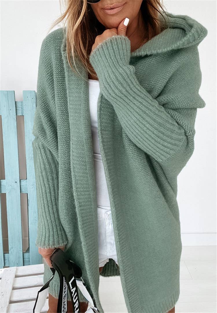 Rosa Clothing - Wholesale Cardigan - Women's - Plain exposed seam Hooded knit long cardigan coat1