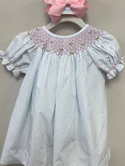 The Bubble Bee - Wholesale Dress - Kids - Blue Bitty Dot Smocked Bishop Dress