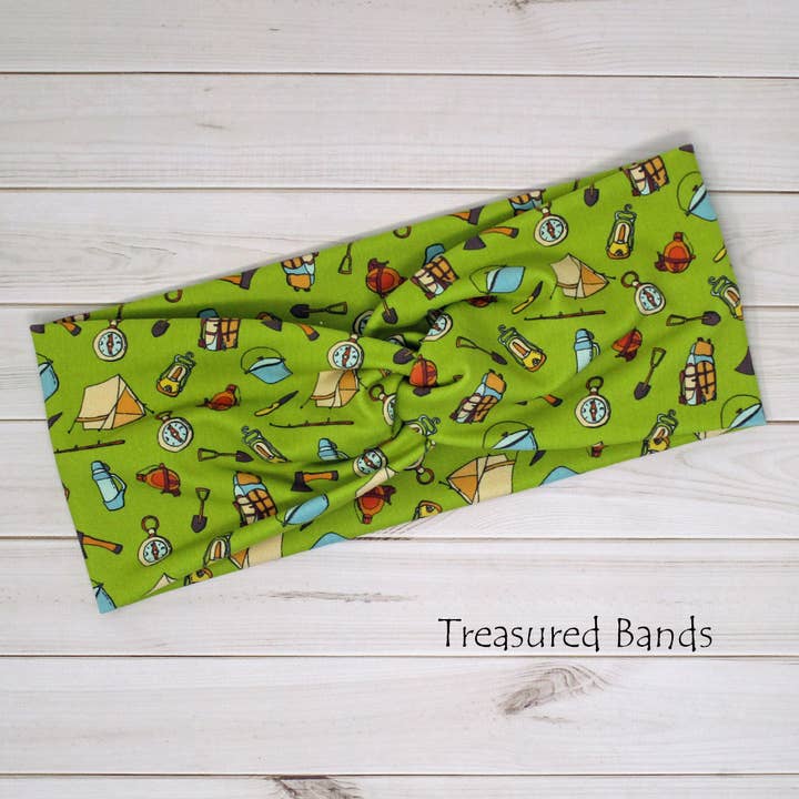 Camping Gear Tent Outdoors Print Knit Twist Headband for wholesale by Treasured Haven