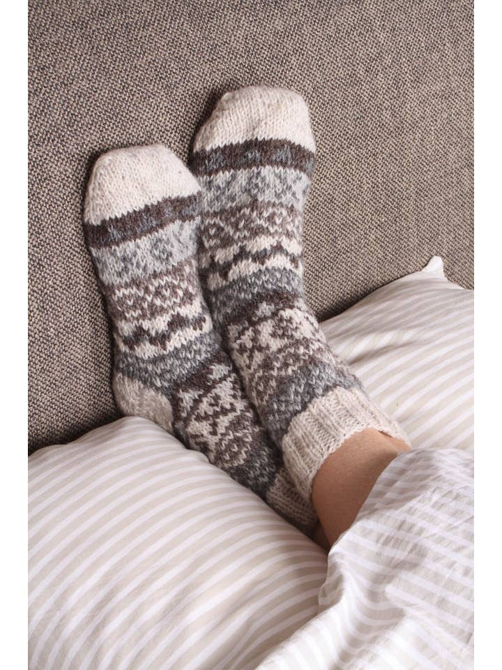 One Colour Classic Fair Isle Wool Handmade Knit Sofa Socks Natural for wholesale on Faire