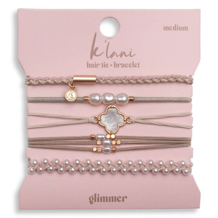 K'lani hair tie bracelets - Wholesale Jewelry Set - "Glimmer" Soft Pinks with Pearl and Gold Accent Hair Tie Bracelets