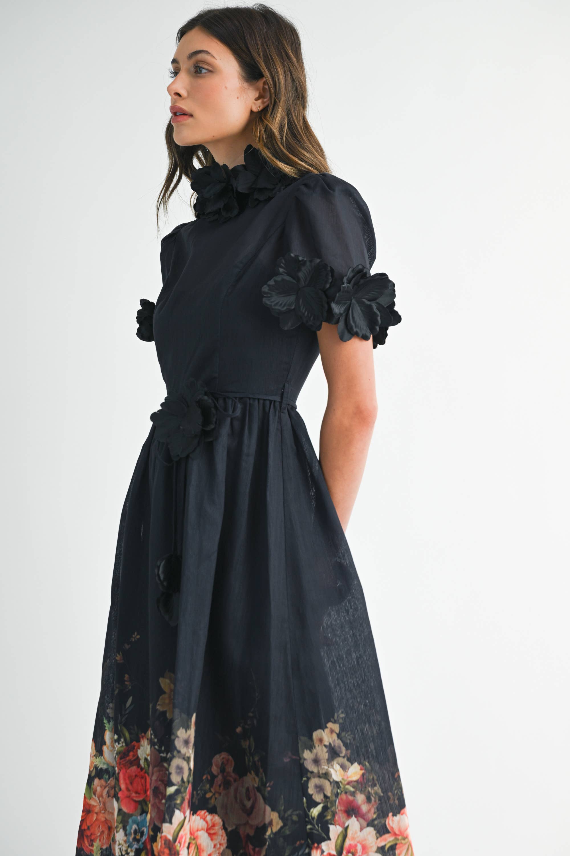 EB LUXE - Wholesale Dress - Women's - RD0026 3D Floral High Neck Short sleeve Midi Dress2