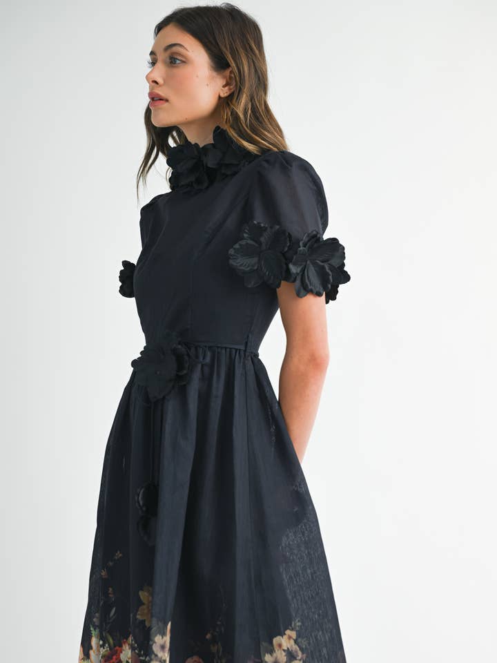 EB LUXE - Wholesale Dress - Women's - RD0026 3D Floral High Neck Short sleeve Midi Dress2