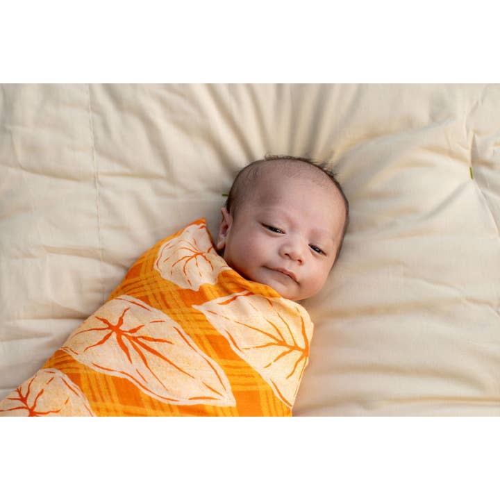 The Keiki Dept - Wholesale Swaddle - Baby - Caramel Orange Palaka Kalo Bamboo Muslin Kapa Moe (Swaddle Blanket)