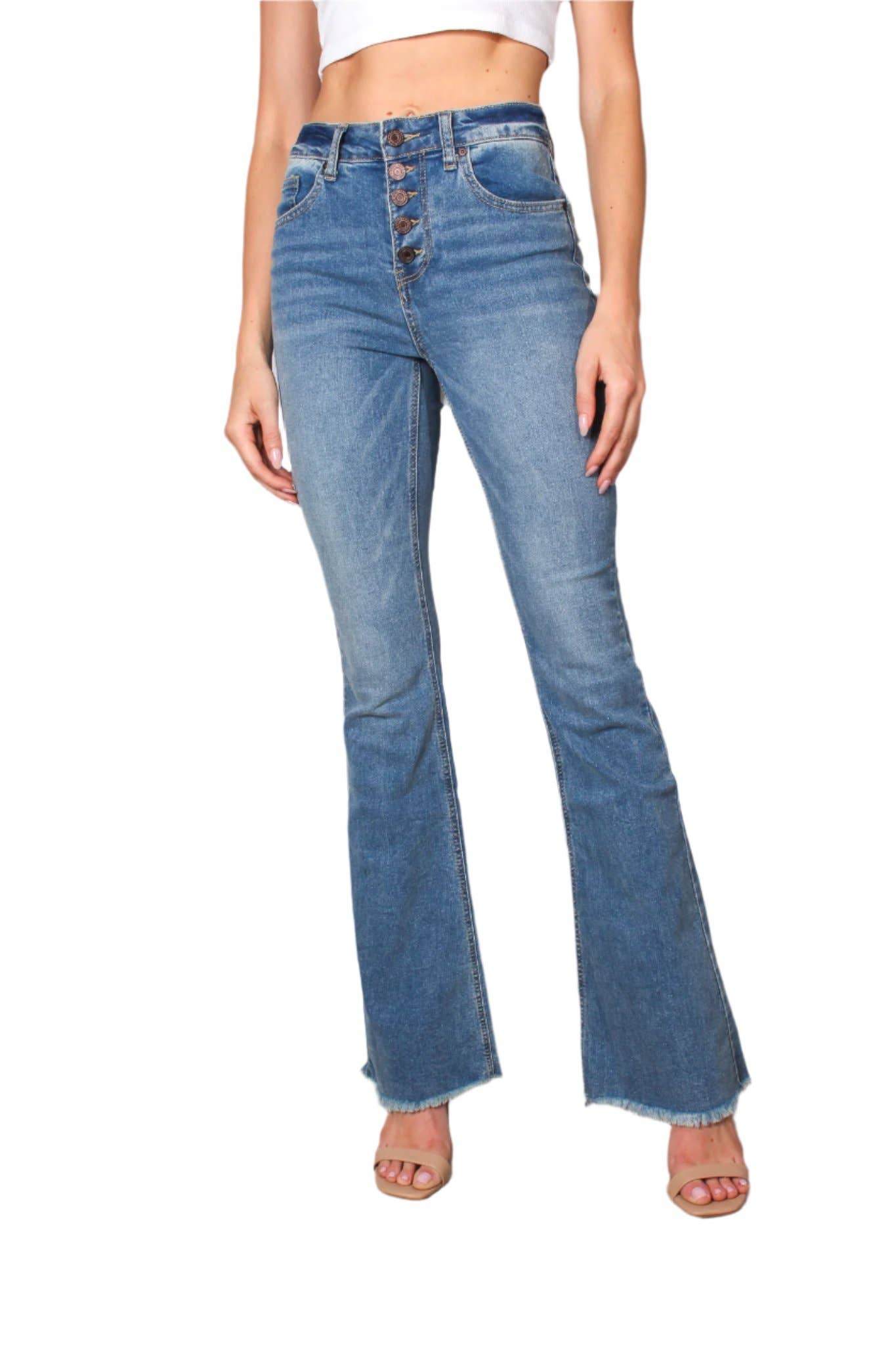 Good Stuff Apparel - Wholesale Jeans - Women's - Women's High Waist Five Buttons Raw Hem Flare Jeans 1