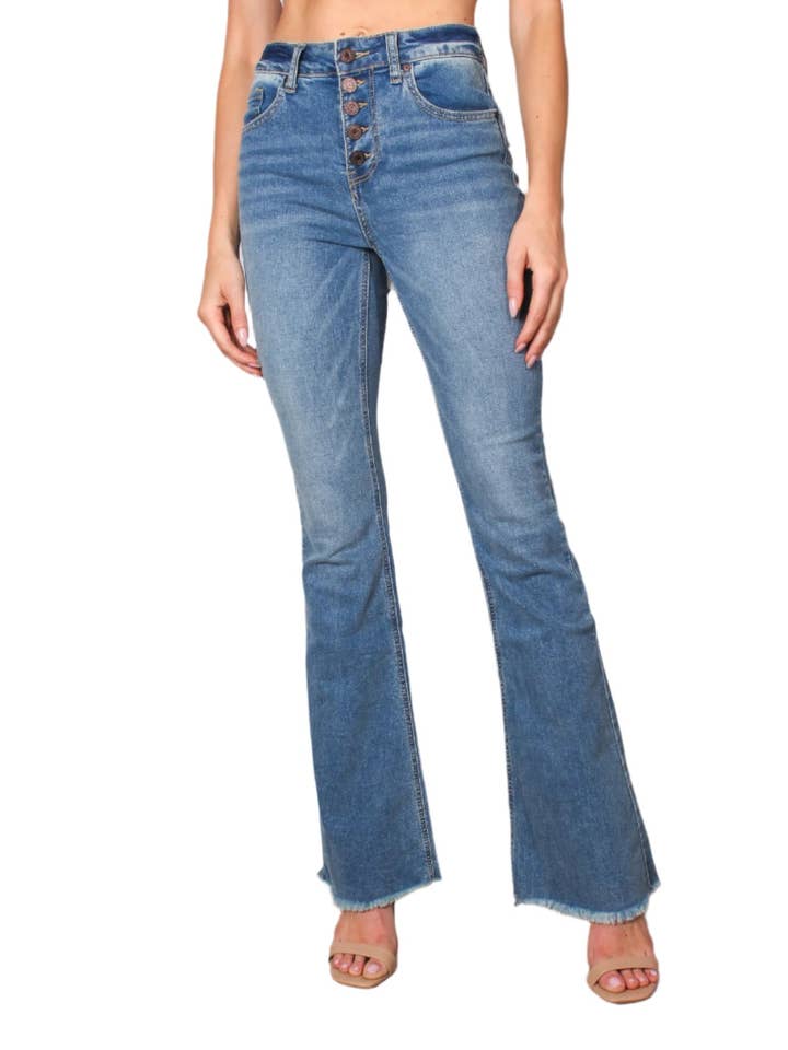 Good Stuff Apparel - Wholesale Jeans - Women's - Women's High Waist Five Buttons Raw Hem Flare Jeans 1