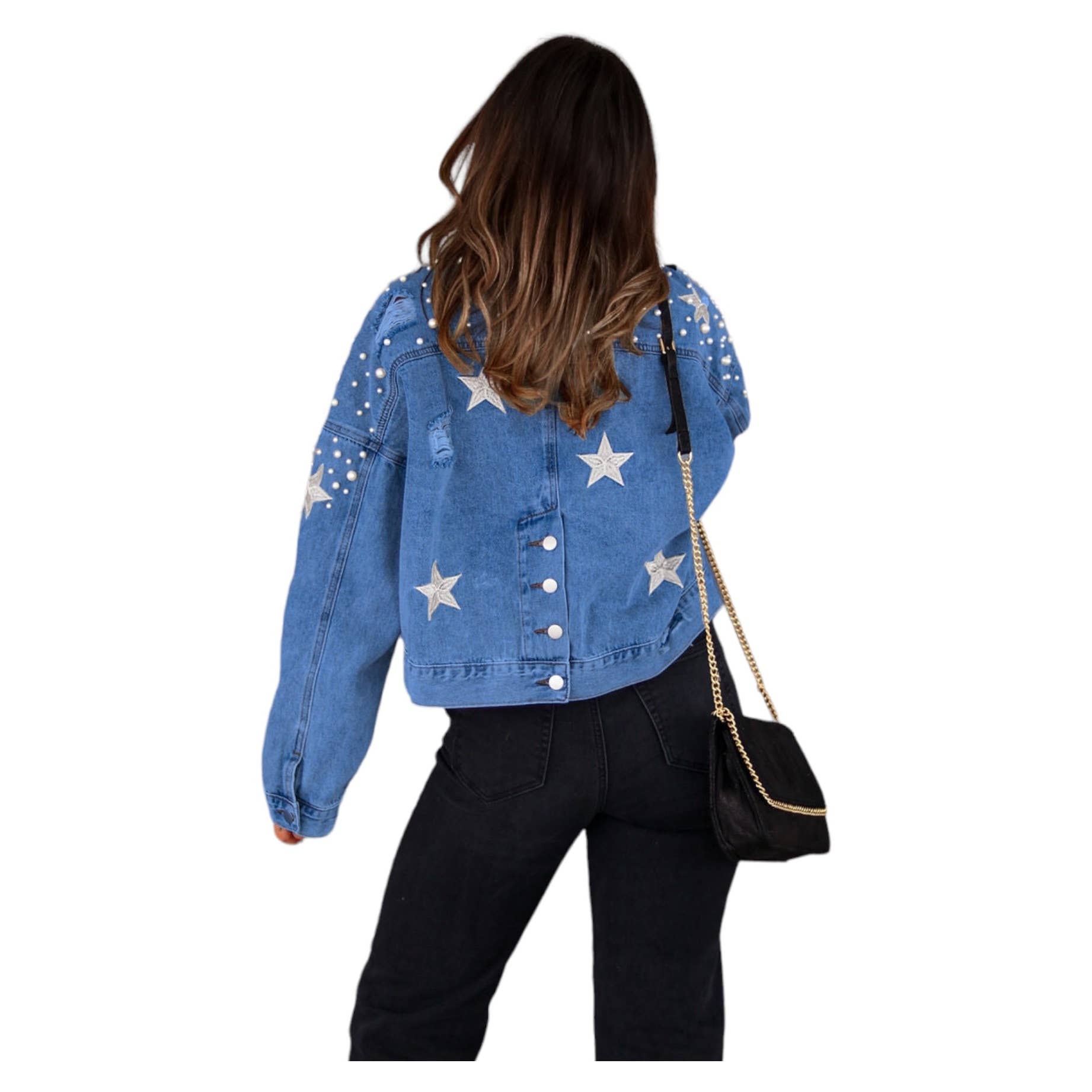 Mapcie - Wholesale Denim Jacket - Women's - STAR DETAIL RIPPED DENIM PEARL JACKET9