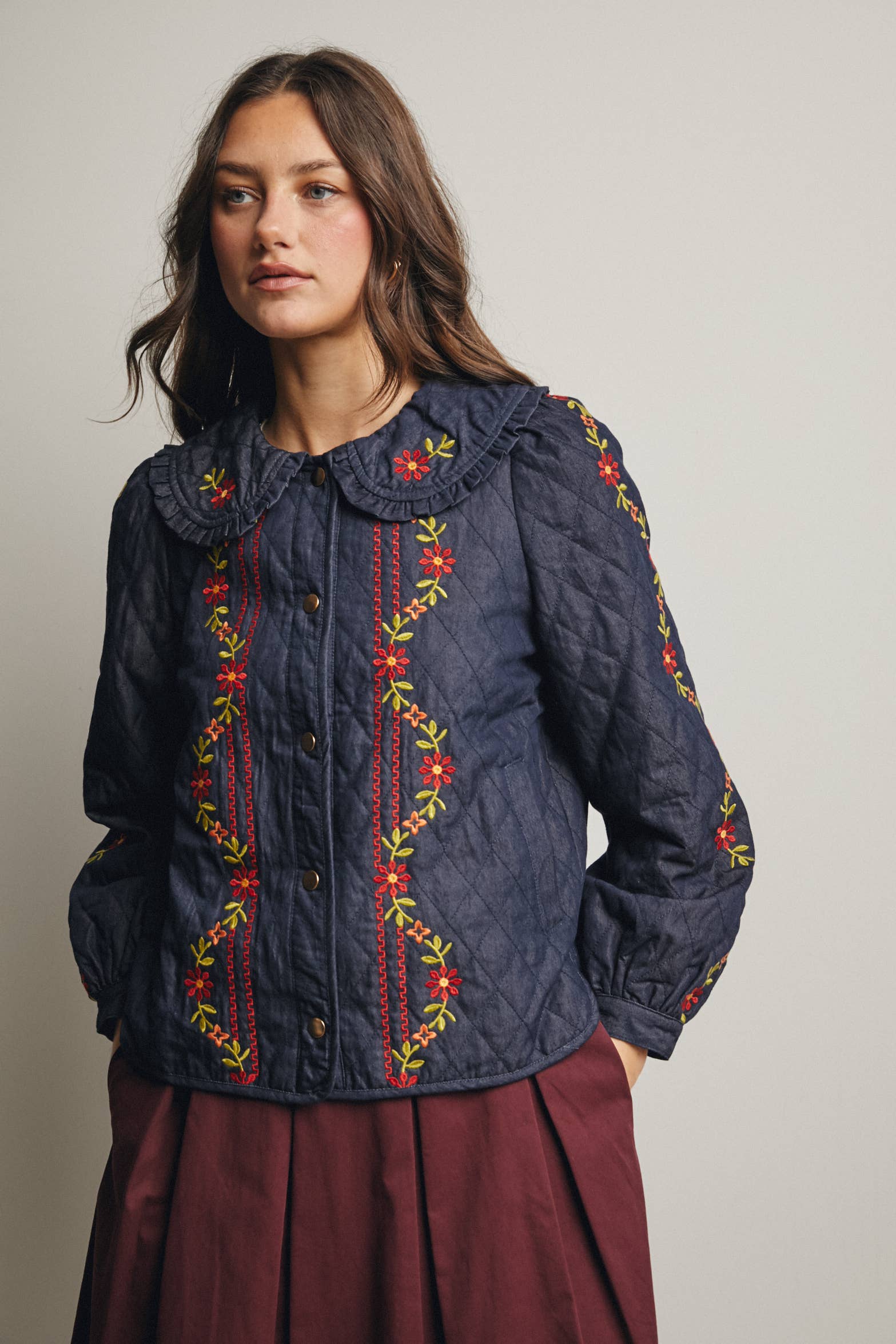 Midnight Indigo Embroidered Quilted Denim Jacket FJ0008 for wholesale on Faire7