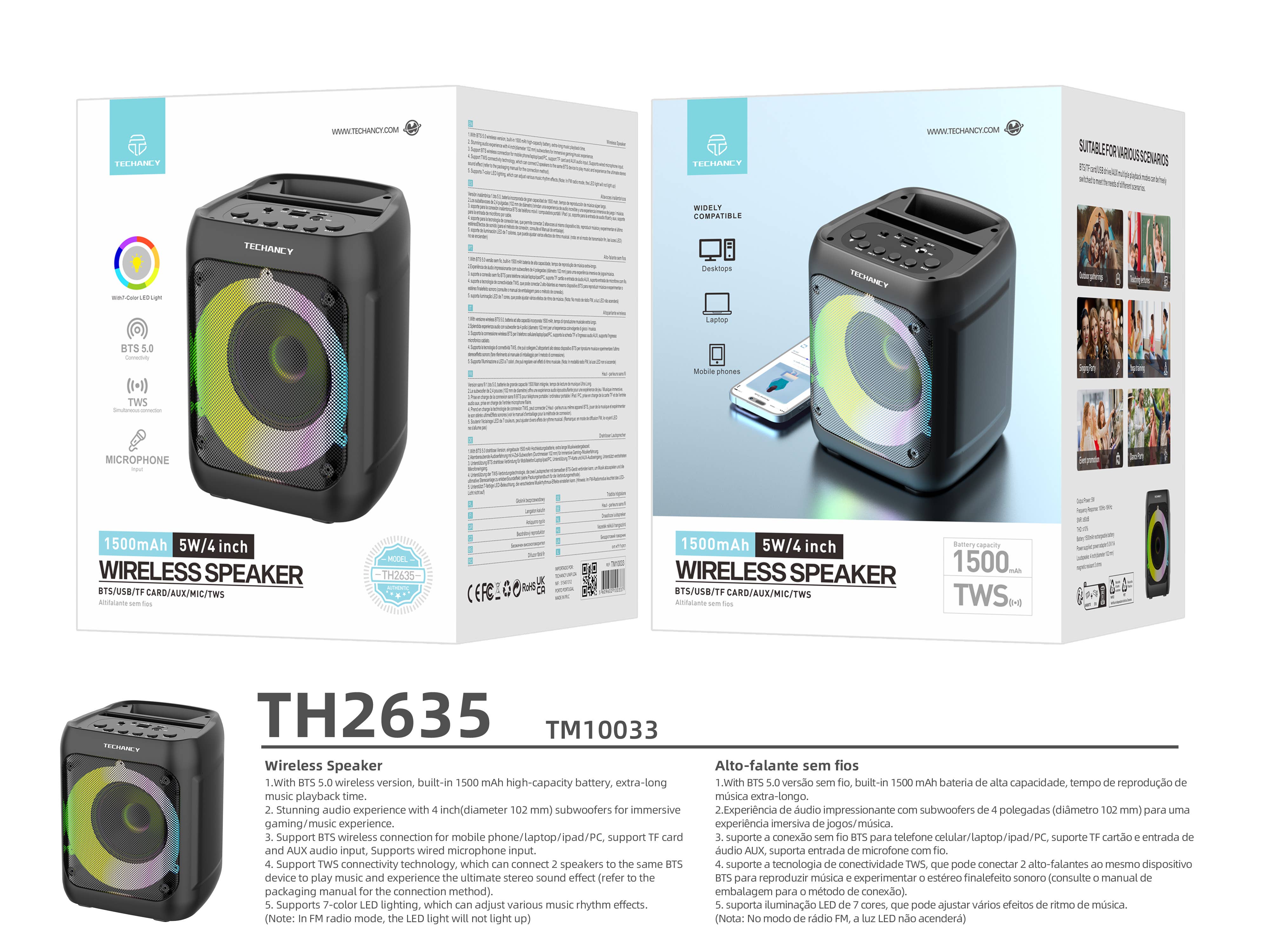 TECHANCY - Wholesale Speakers - Wireless Speaker with 1500mAh Battery, Bluetooth 5.0, 7-Colo2